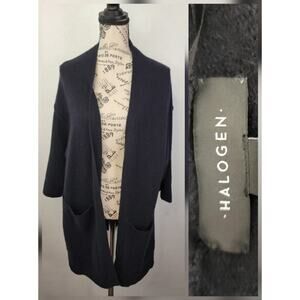 Halogen Open Cardigan OS One Size Black 100% Cashmere Short Sleeves Pockets